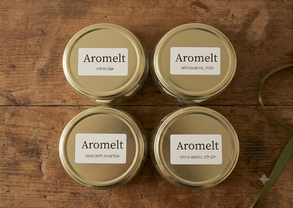 4 צנצנות פליז Aromelt — אגס ופרסיה, לבנדר, אקליפטוס, יילנג יילנג
